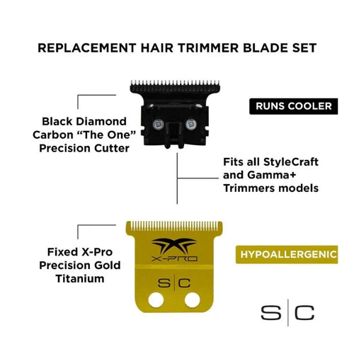 StyleCraft Fixed X-PRO Gold Titanium Replacement Trimmer Blade w/ Black Diamond Carbon DLC Deep Tooth Cutter Set