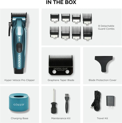 Cocco Hyper Veloce Pro Cordless Clipper w/ Digital Gap Ambassador Graphene Taper Blade + Charging Stand