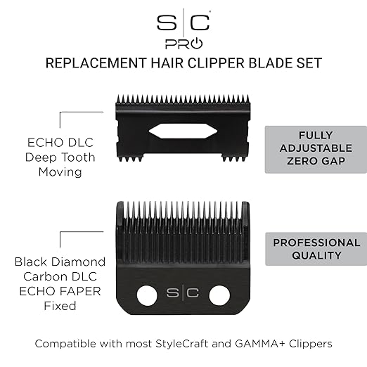 StyleCraft Replacement ECHO Fixed DLC Hair Clipper Blade with DLC Deep Tooth Cutter Set