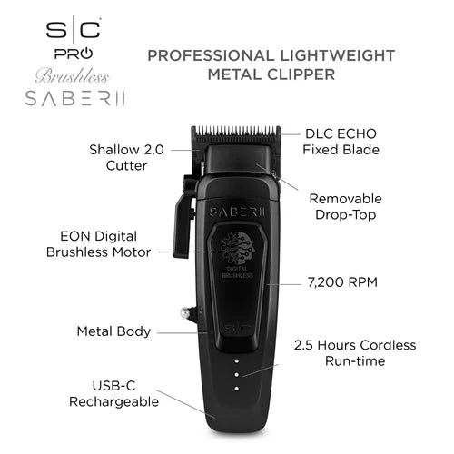 StyleCraft Saber 2.0 Cordless Modular Clipper w/ High-Torque Digital Brushless Motor - Black