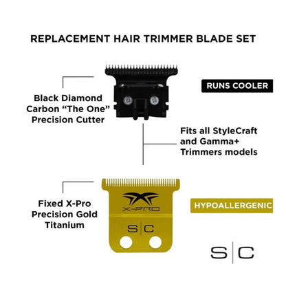 StyleCraft Fixed X-PRO Gold Titanium Replacement Trimmer Blade w/ Black Diamond Carbon DLC Deep Tooth Cutter Set