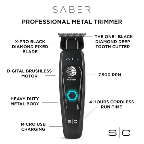 StyleCraft Saber Cordless Digital Brushless Motor Metal Trimmer - Black