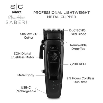 StyleCraft Saber 2.0 Cordless Modular Clipper w/ High-Torque Digital Brushless Motor - Black
