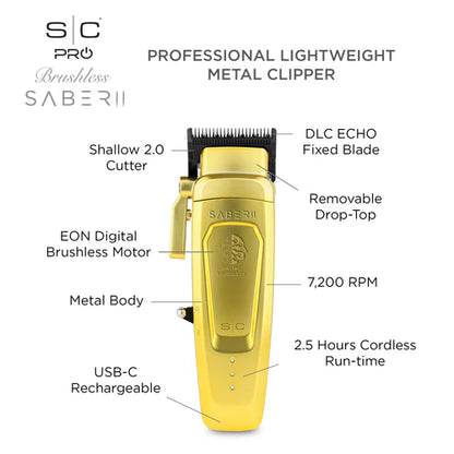 StyleCraft Saber 2.0 Cordless Modular Clipper w/ High-Torque Digital Brushless Motor - Gold