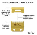 StyleCraft Fixed Gold Titanium Fade Replacement Clipper Blade w/ Gold Titanium Moving Slim Deep Tooth Cutter Set